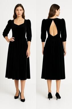 1980s Laura Ashley Black Velvet Puff Sleeve Midi Open Back with Bow Dress small
